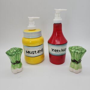 Pier 1 Imports Ceramic Ketchup Mustard Dispensers Salt Pepper Shakers Picnic Set